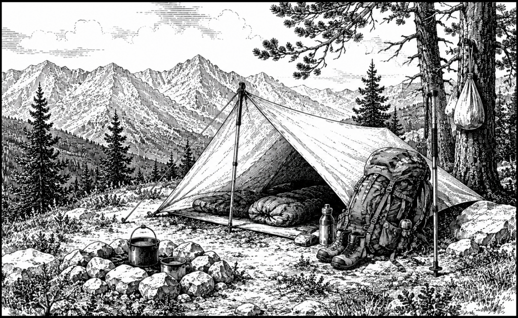 Sample black and white sketch of a spike camp, by W. Anderson.